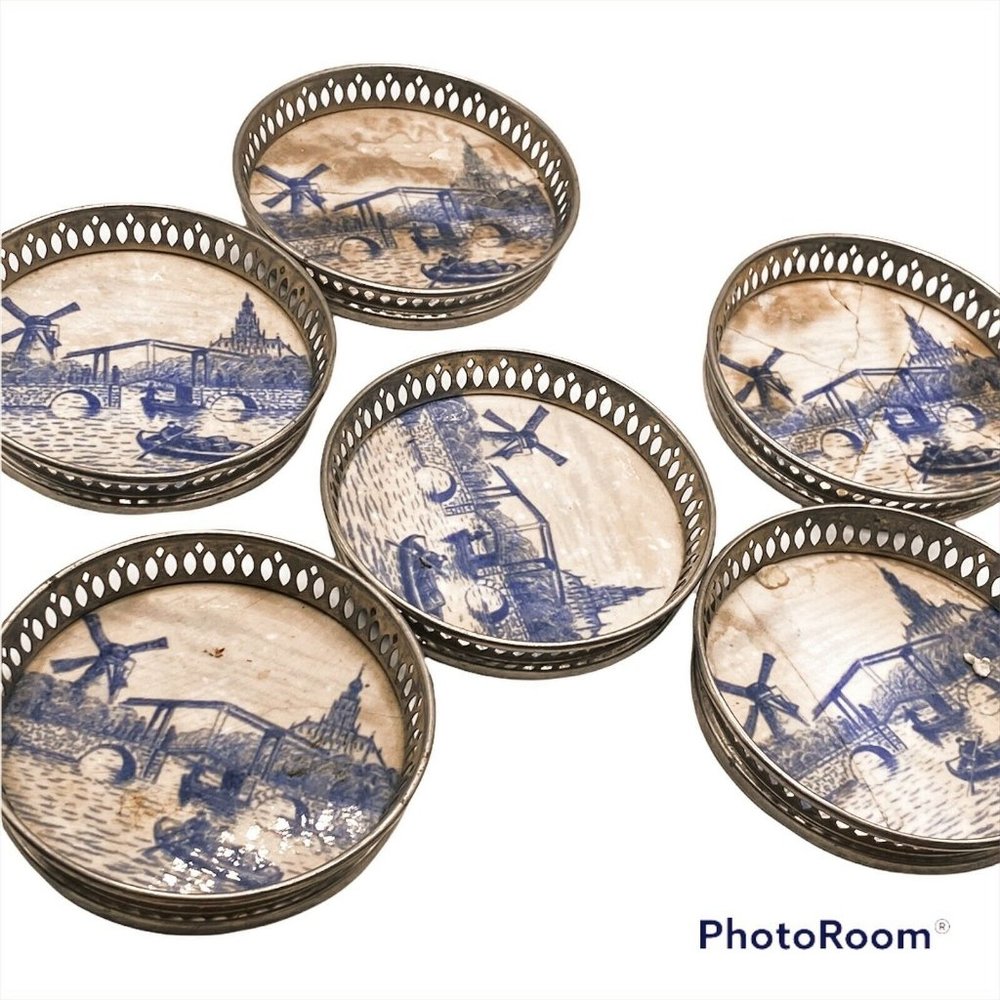 6 Germany Windmill Canal coasters delft blue Dutch porcelain